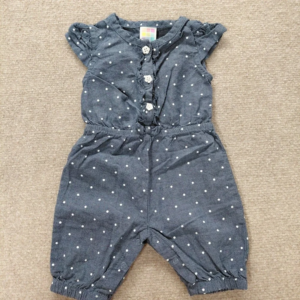 3 Pc Healthtex Baby Baby Girl Chambray Polka Dot Outfit Dress Diaper Cover 0-3 M